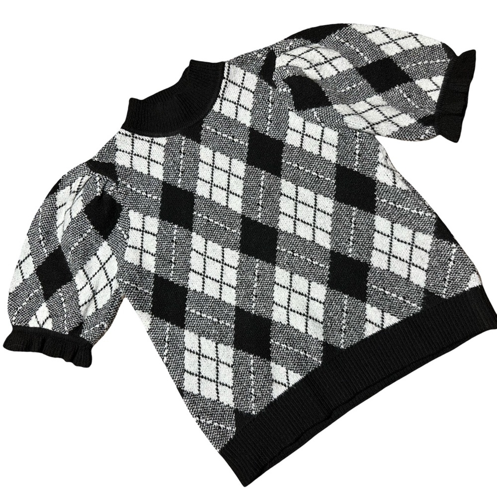 Kaily K Argyle Puff Sleeve Sweater Top Knit Black White Gray Medium M Academia